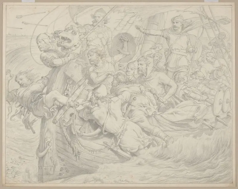 Hereward the Wake, Last of the English: Hereward rams his ship upon the Flemish coast. by Selous, Henry Courtney, 1811-1890