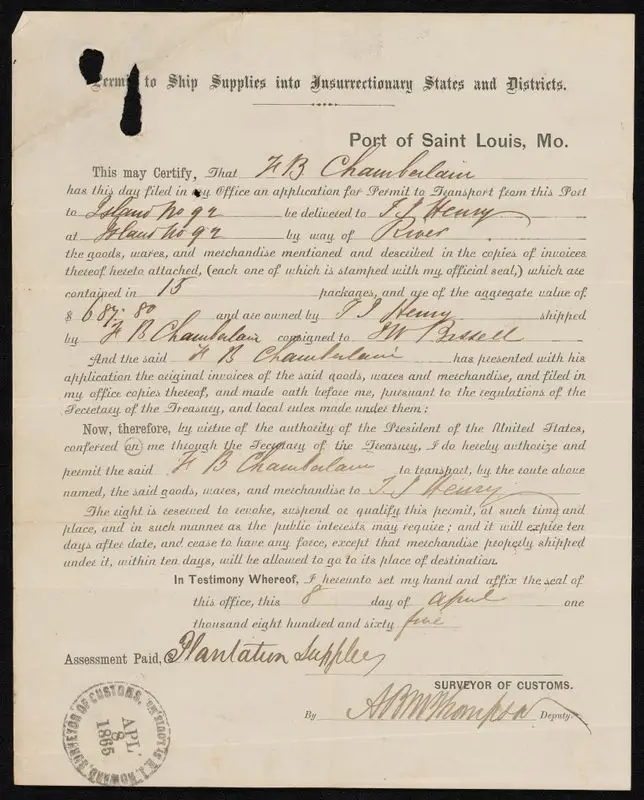 Permit to Ship Supplies into Insurrectionary States and Districts by Unknown artist