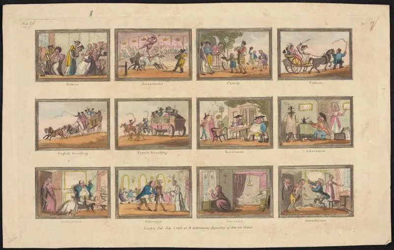 12 vignettes: fashion; amusement; charity, passion; English travelling; French travelling; recreation; adoration; inattention; attention devotion; introduction by Unknown artist