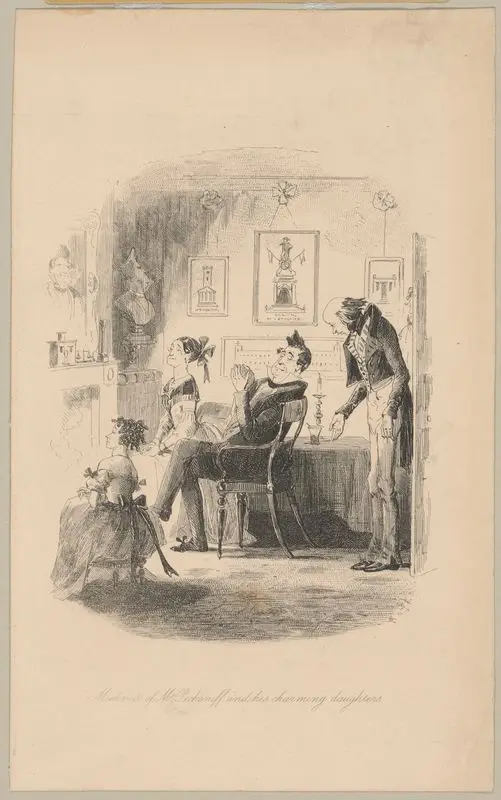Martin Chuzzlewit: Meekness of Mr. Pecksniff and his charming daughters. by Browne, Hablot Knight, 1815-1882
