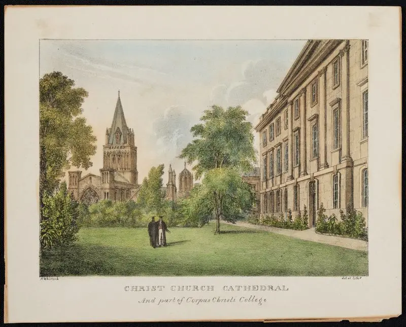 Christ Church Cathedral and part of Corpus Christi College. by Whittock, N. (Nathaniel), 1791-1860