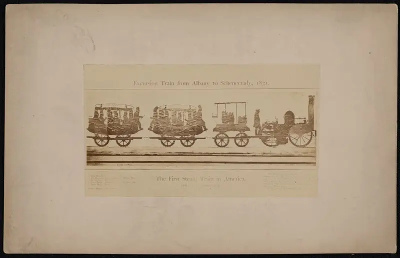 Excursion train from Albany to Schenectady, 1831 : the first steam train in America. by Unknown artist