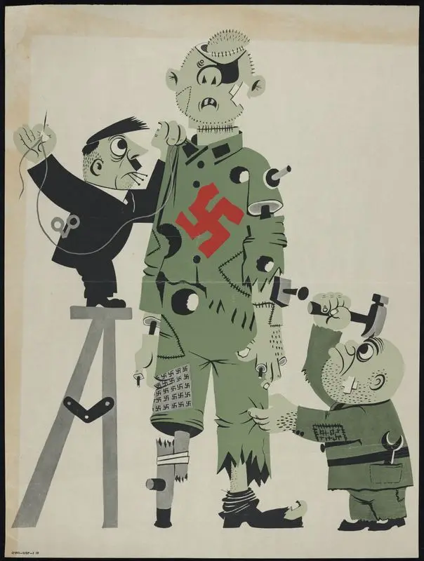 Anti-Nazi propaganda poster depicting Hitler and Mussolini creating a Frankenstein-like monster by United States. Office of War Information