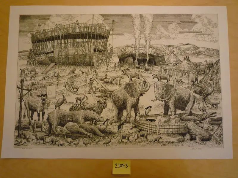 Etching of "Ark Building I" from his Noah's Ark. by Geisert, Arthur