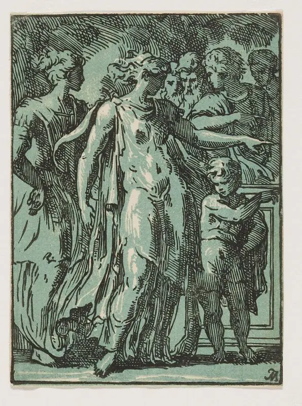 Figure of woman pointing to the right. by Zanetti, Anton Maria, I, 1680-1757