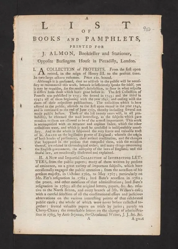 A list of books and pamphlets, Printed for J. Almon, bookseller and stationer, opposite Burlington-House in Piccadilly, London by Almon