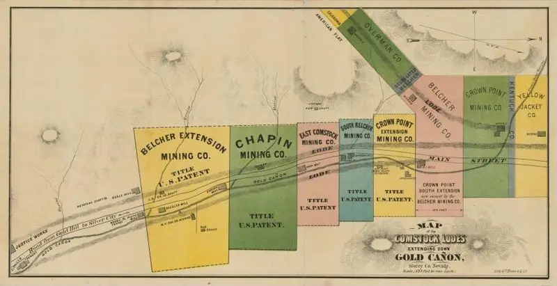 Map of the Comstock Lodes extending down Gold Cañon : Storey Co., Nevada by G.T. Brown & Co. Lith
