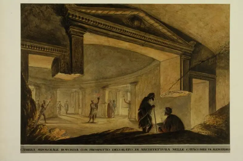 Camera sepolcrale rotonda con prospetto decorato di architettura nelle Catacombe di Alessandria by Mayer, Luigi, active 1776-1792