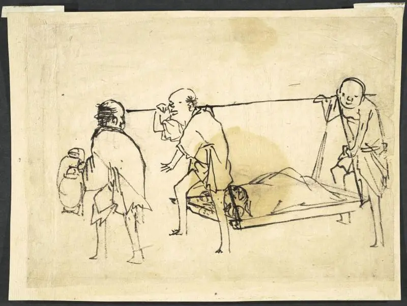 Preparatory drawing (shita-e) of attendants carrying a stretcher by Unknown artist