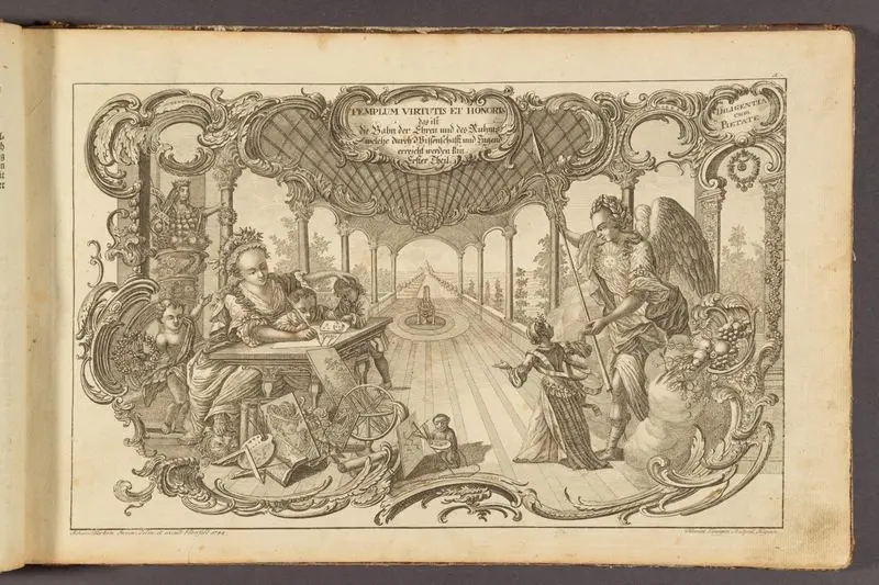 Liber artificiosus alphabeti maioris, oder, neu inventirtes kunst- schreib- und zeichenbuch : bestehend in 56 künstlich gravirten kupferstichen : nebst beigefügter abhandlung der darinn enthaltenen nützlichen und angenehmen wissenschaften, zum nutzen und vergnügen der edlen jugend in zween theile vertheilet : davon der erste[-anderer] theil vorläufig allen kunstliebenden jünglingen und jungfrauen, wie auch herren und damen zur geneigtesten aufnahme besstens empfohlen wird / von Johann Merken, Kunstmalern in Elberfeld. by Merken, Johann, active 1782-1785