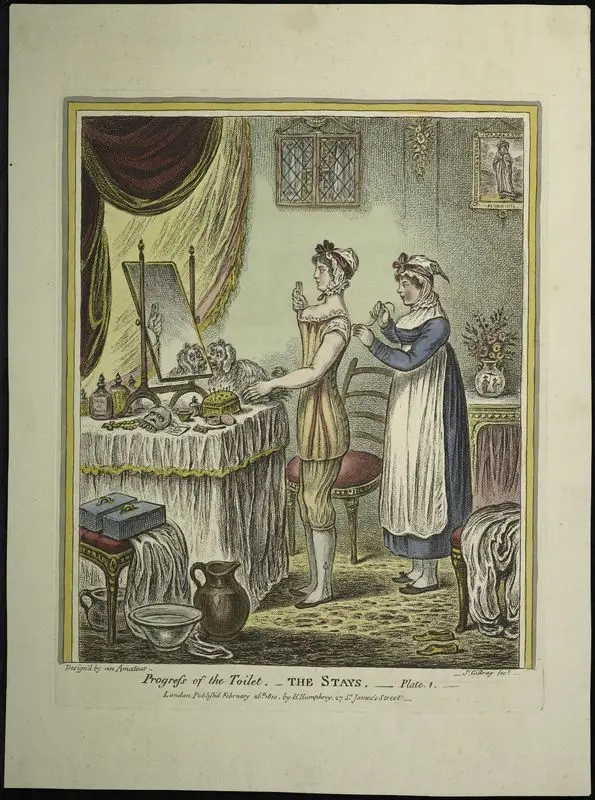 Progress of the toilet [Plate 1: The stays, copy 1]. by Gillray