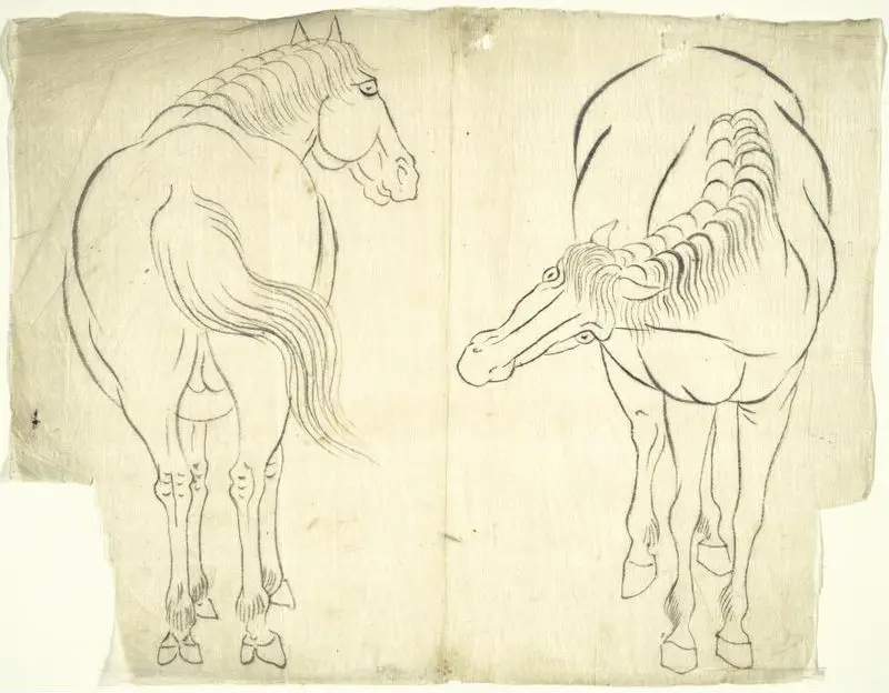 Preparatory drawing (shita-e) of a horse by Katsushika school