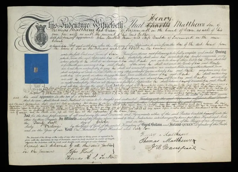 Indenture of Apprenticeship of Henry Matthews to John Bartlett Mansfield, Ship Builder, Great Britain by Unknown artist