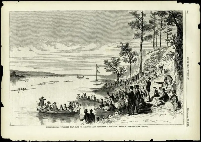 International four-oared boat race on Saratoga Lake, September 11, 1871 by Nast