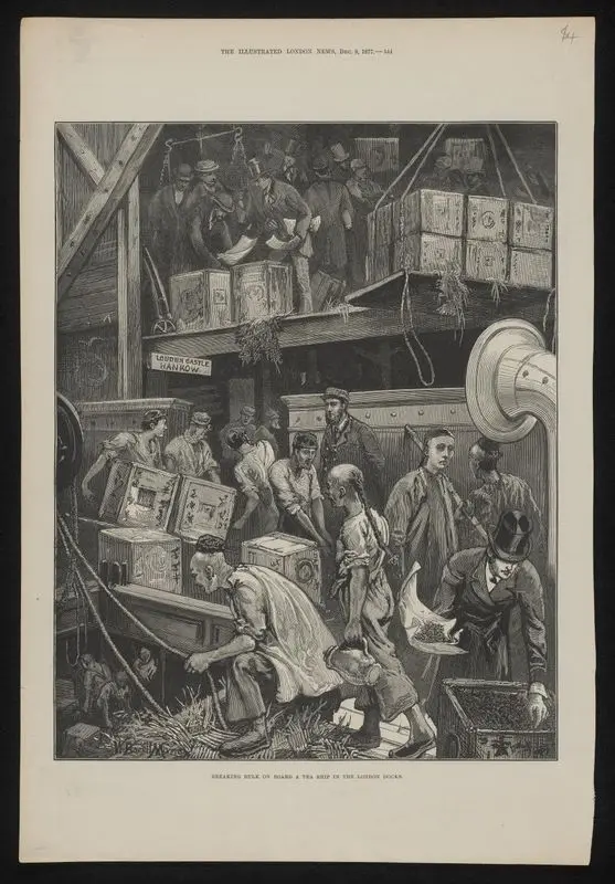 Breaking bulk on board a tea ship in the London docks by Unknown artist