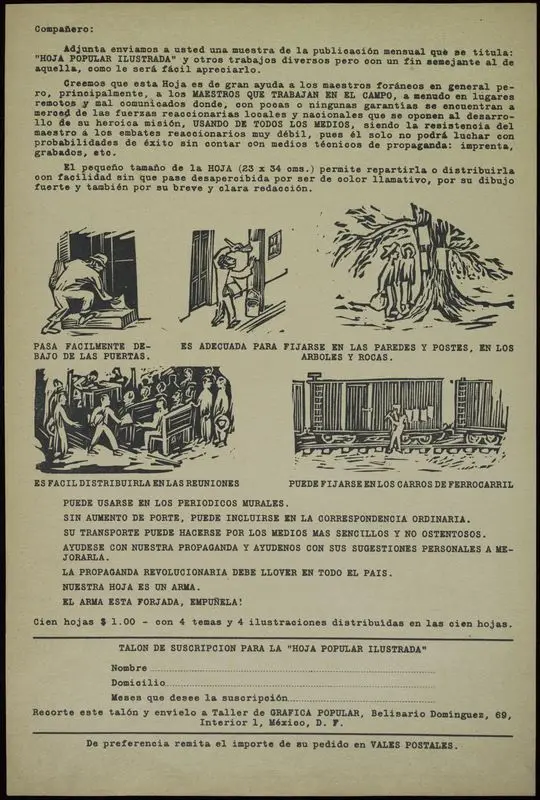 Companero: Adjunta enviamos a usted una muestra de la publicacion mensual que se titula: "Hoja Popular Ilustrada". by Zalce, Alfredo,