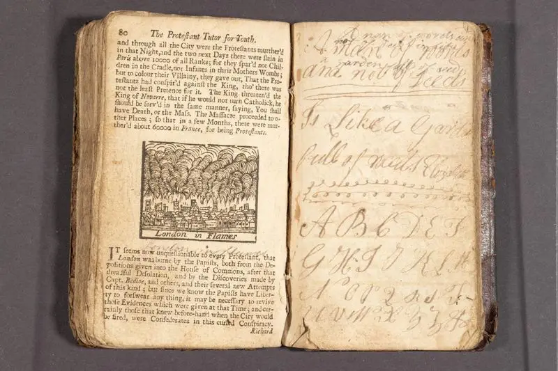 The Protestant tutor enlarg'd, or, A new school-book for the reformation of manners : instructing youth, and others, in the compleat method of spelling, reading, and writing true English : discovering to them the errors and deceits of the Papists, and grounding them in the true Protestant religion / Publish'd by special command. by Harris, Benjamin, -1716?