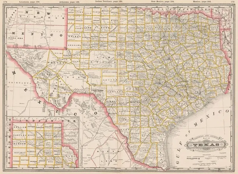 Railroad and county map of Texas by Cram, George Franklin, 1841-1928