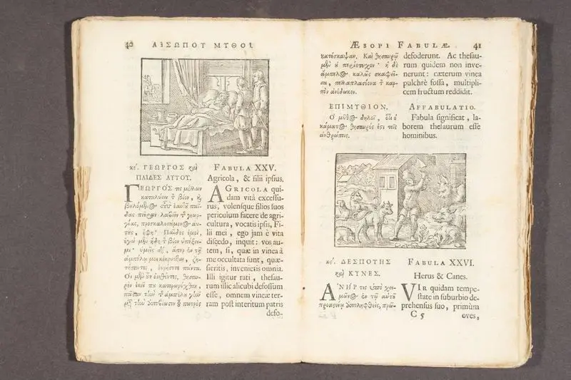 Fabulae Aesopi Graece et Latine, nunc denuo selectae : eae item, quas Avienus carmine expressit : accedit Ranarum it murium pugna, Homero olim asscripta : cum elegantissimis in utroque libello figuris, & utriusque interpretatione, plurimis in locis emendatâ : ex decreto D.D. Hollandiae ordinum, in usum scholarum. by Aesop