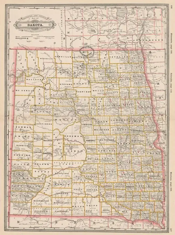 Railroad and county map of Dakota by Cram, George Franklin, 1841-1928