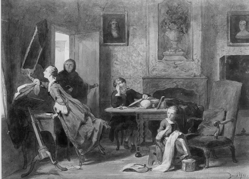 Weduwe en haar kinderen in een interieur (genretafereel) by Bles, David Joseph