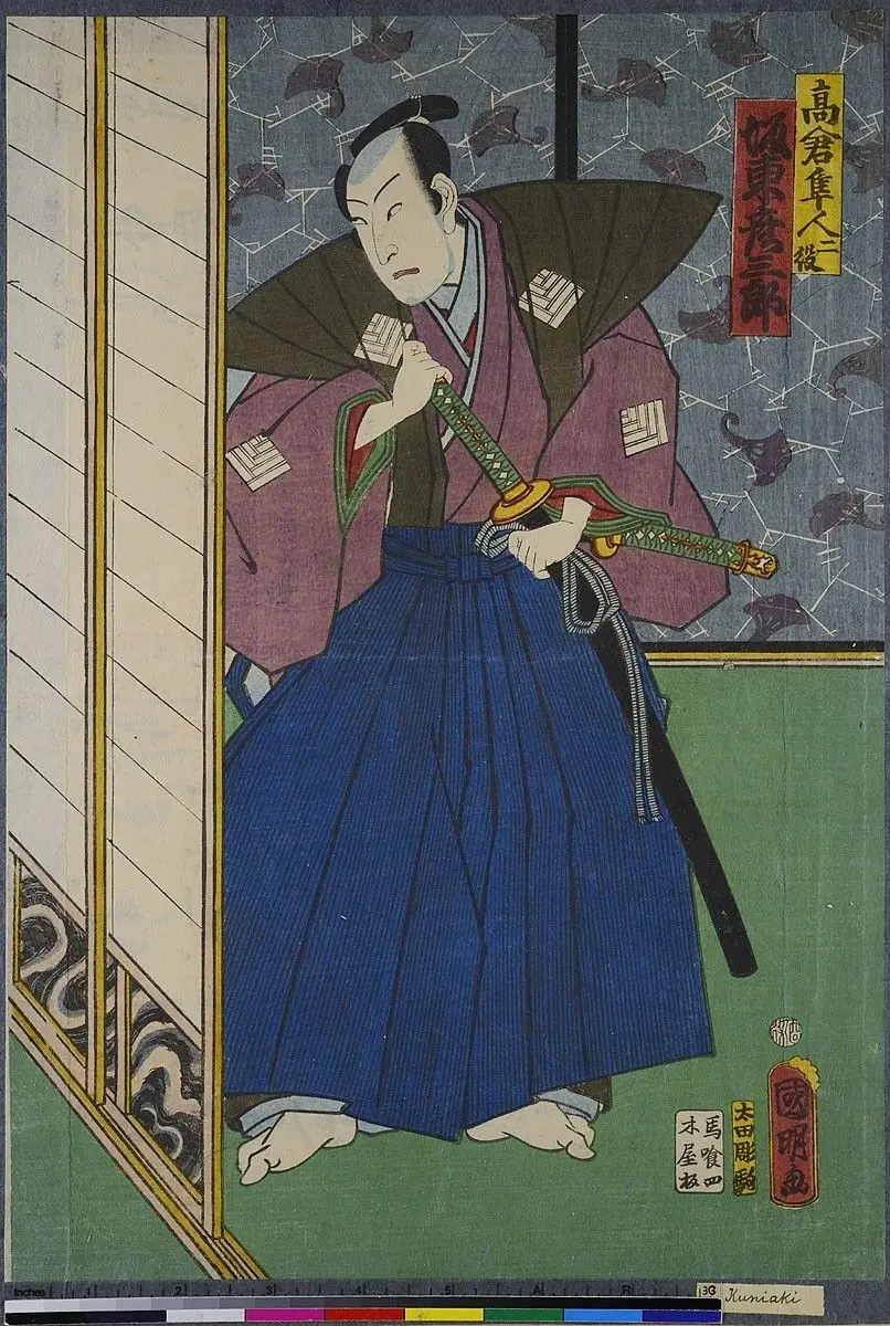 Schauspieler Bandō Hikosaburō in einer Doppelrolle als Onigadake Dōuemon und Takakura Hayato by Utagawa Kuniaki