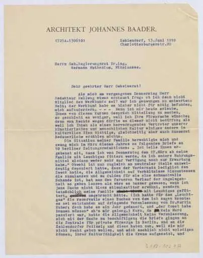 Schreiben an Hermann Muthesius (Brief) by Johannes Baader