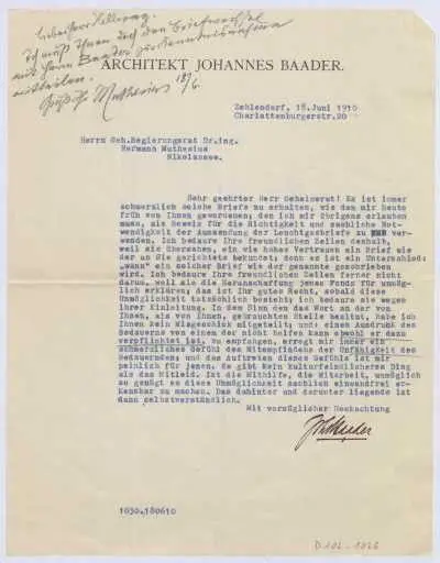 Schreiben an Hermann Muthesius (Brief) by Johannes Baader
