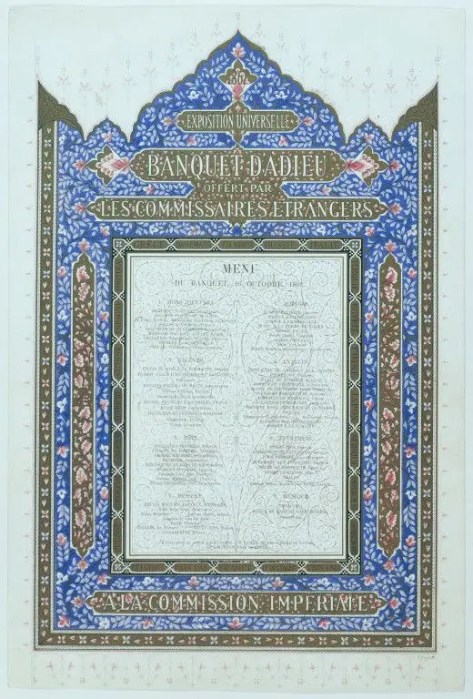 Cromolithograph. Designed by Owen Jones and printed by De La Rue & Co. Menu card for a banquet commemorating the Paris International Exhibition in 1867; France by Jones, Owen