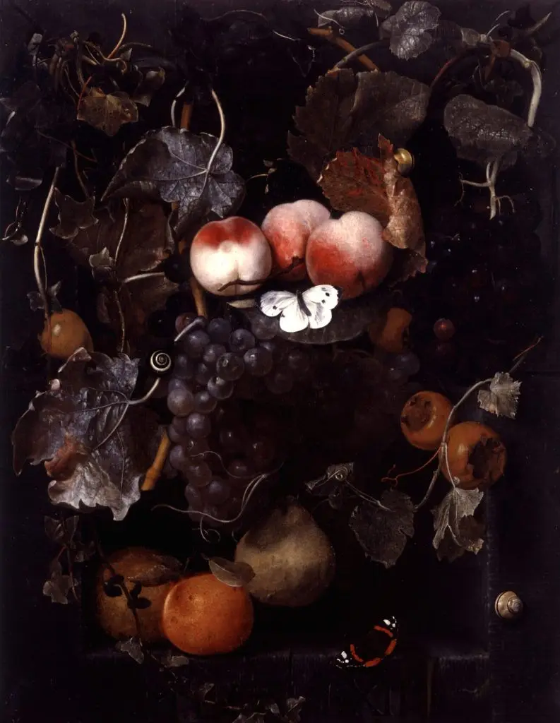 Früchtestillleben mit Schmetterlingen und Schnecken in einer Nische by Künstler*in: Adriaen van der Spelt (um) 1630-1673)