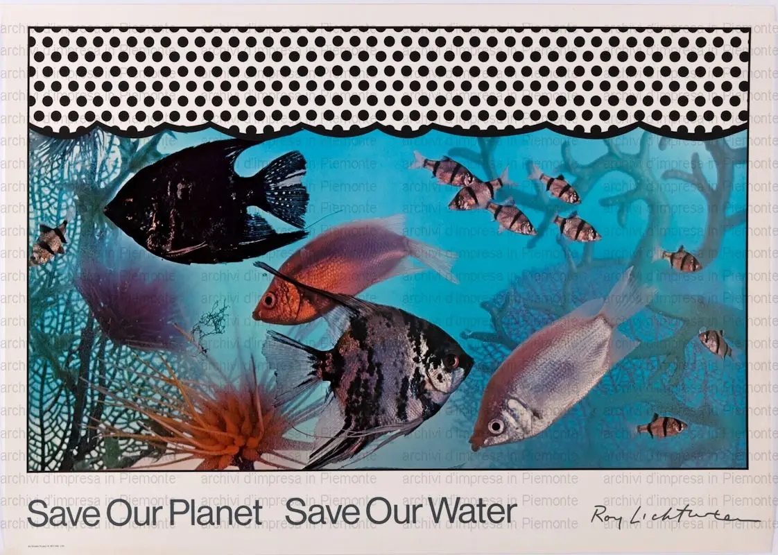 Olivetti demonstration on the ecological campaign “Save our save our water”: tropical fish and dots patterns by Lichtenstein, Roy