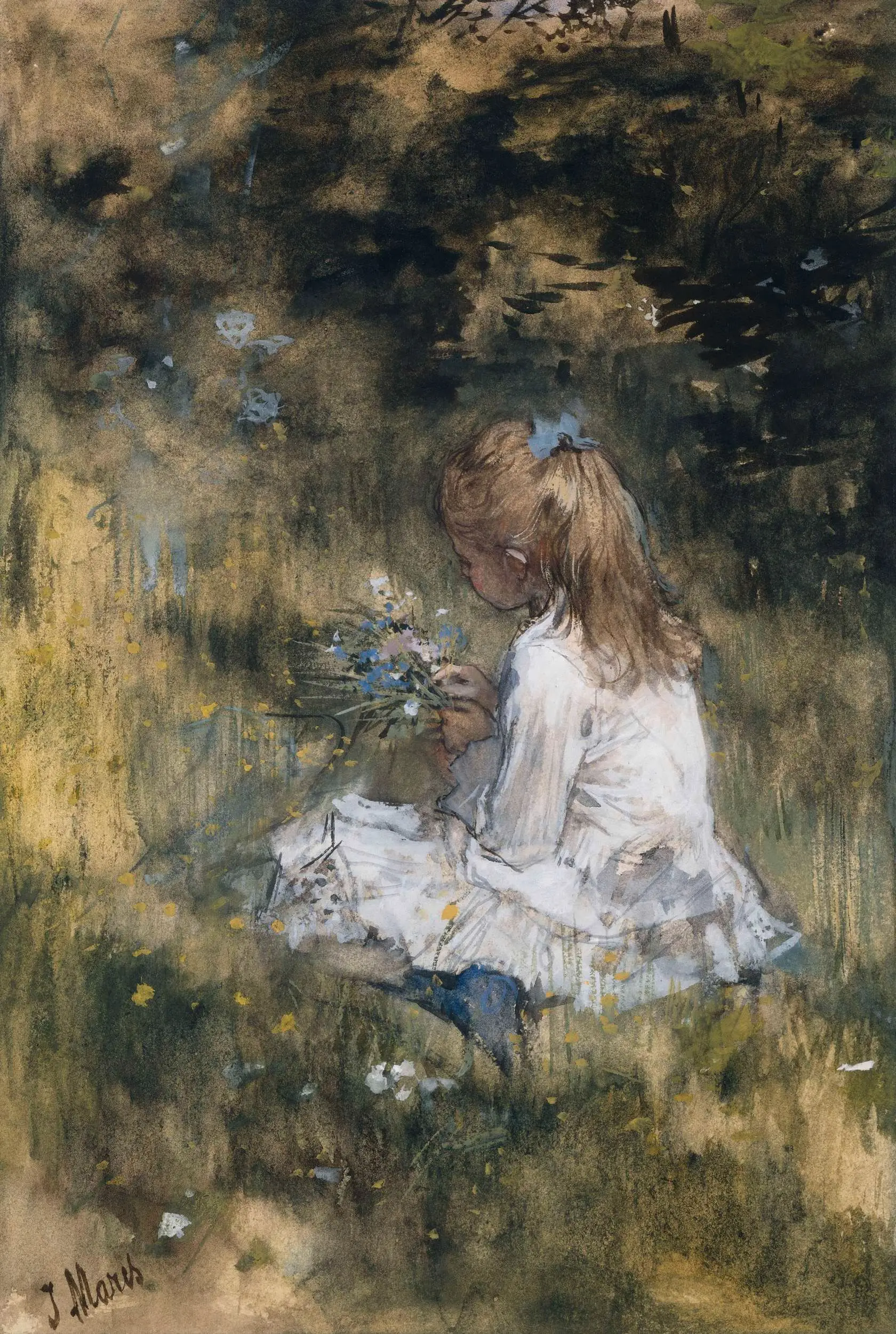 A Girl with Flowers on the Grass by Unknown artist