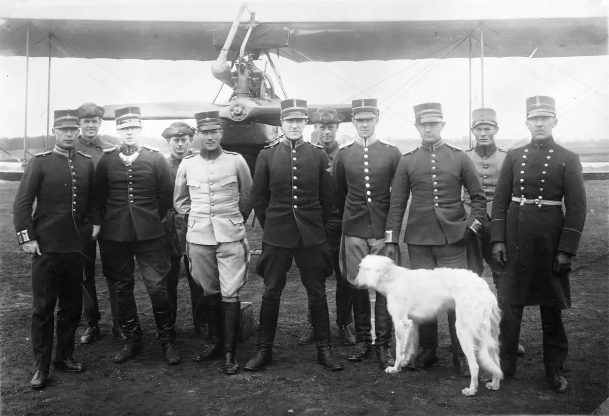Grupporträtt av elva militärer och en hund framför flygplan på ett fält, omkring 1920. Från vänster Knut Zackrisson, okänd, okänd, okänd, okänd, Georg Gärdin, okänd, okänd, okänd, Ferdinand Cornelius, okänd. by Okänd fotograf