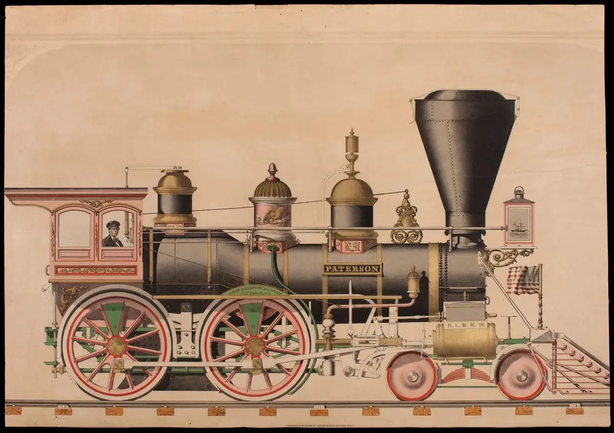 Planch i färg med motiv av Patersons ånglok. by Endicott & Co