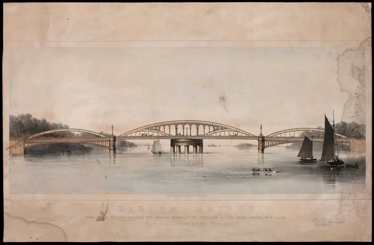 Plansch med motiv av Harlem Bridge i New York. by Endicott & Co