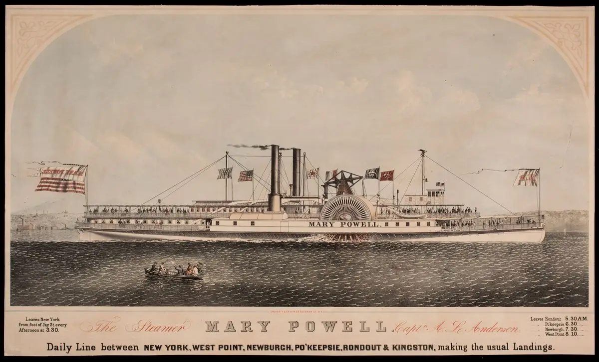 Plansch med motiv av hjulångaren Mary Powell. Lämnar New York från foten av Jay Street. by Endicott & Co