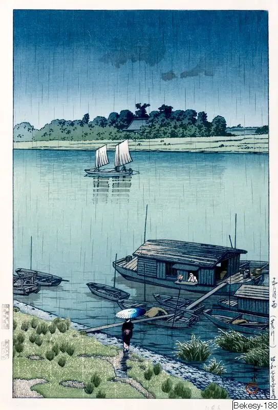 Träsnitt, Grafik, Bildkonst, 五月雨（荒川）, Woodblock, Woodcut, Print by Kawase Hasui