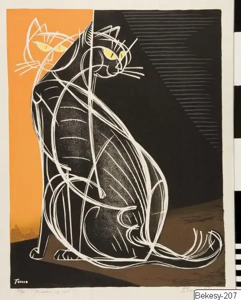Träsnitt, Grafik, Bildkonst, Passion of a cat, Woodcut, Print, Woodblock by Inagaki Tomoo