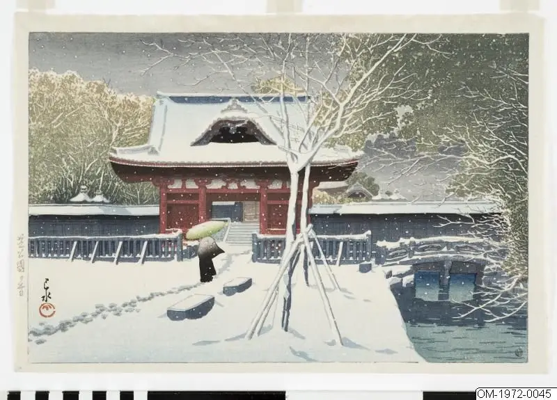 Grafik, Träsnitt, Bildkonst, Snö i Shiba-parken, Tokyo, Woodcut, Print, Woodblock by Kawase Hasui