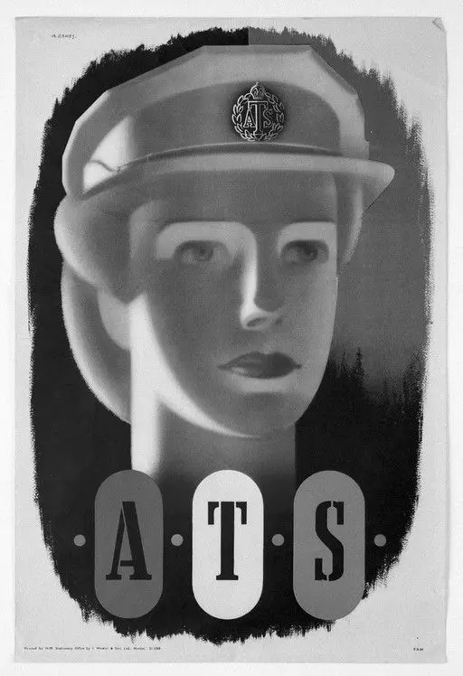 Head of a woman soldier, a member of the ATS (Auxiliary Territorial Service). Colour lithograph after Abram Games, 1944. by Abram Games