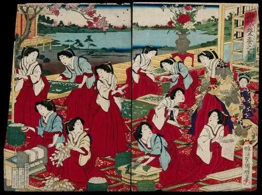 Court ladies producing silk under the supervision of the empress; their tasks include preparing eggs, chopping mulberry leaves, feeding caterpillars and unwinding cocoons. Colour woodcut by Kuniaki II, 1883. by Kuniaki