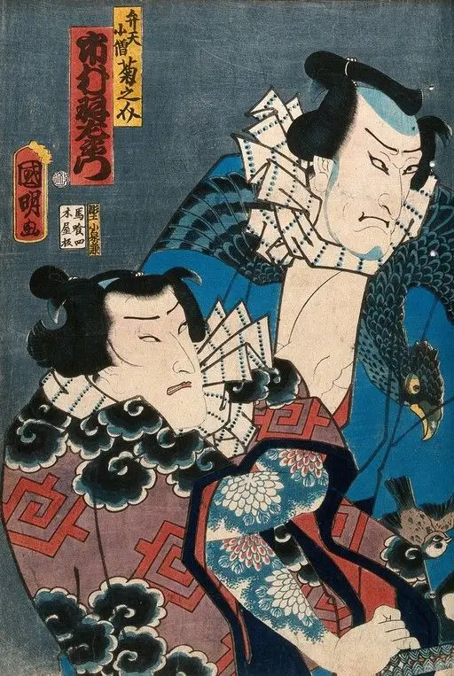 Line up of five actors as "rough" popular heroes. Colour woodcut by Kuniaki, 1862. by Kuniaki