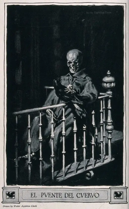 A skeleton dressed in a coat sits on a balcony and strokes a raven. Reproduction of a watercolour by Walter Appleton Clark. by Walter Appleton Clark
