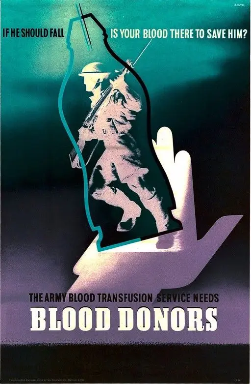A soldier within a blood-flask, referring to the army's need of blood-donations. Colour lithograph after Abram Games, 1943. by Abram Games