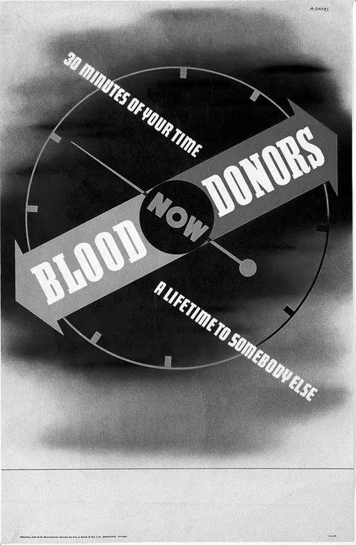 A clock, indicating the urgency of the need for blood-donors. Colour lithograph after Abram Games, 1943. by Abram Games