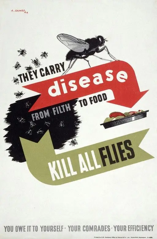 Flies infecting food. Colour lithograph after A. Games, 1941. by Abram Games