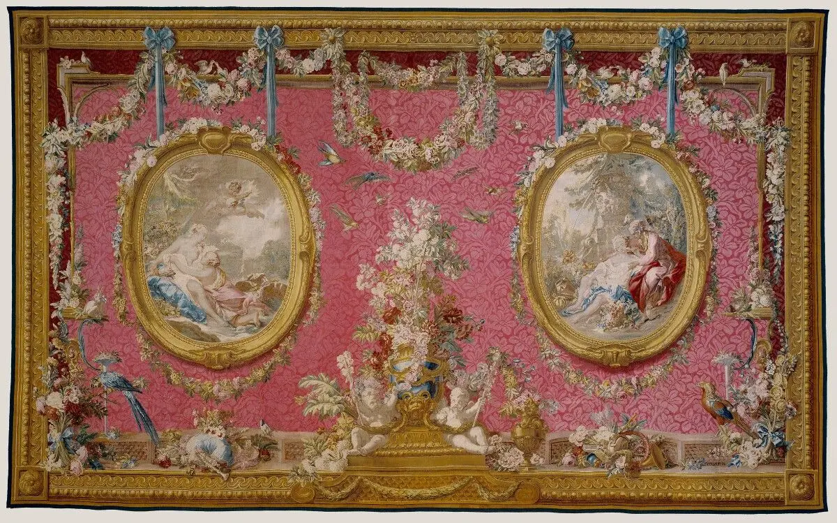 Tapestry: Jupiter transformé en Diane pour surprendre Callisto avec Vertumne et Pomone, from Les Tentures de François Boucher Series by François Boucher; Maurice Jacques