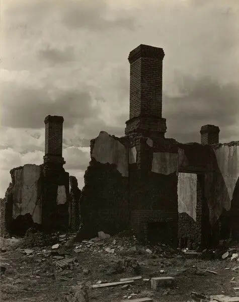 [Ruins of Brick Buildings with Three Chimneys Standing] by Eliot Porter