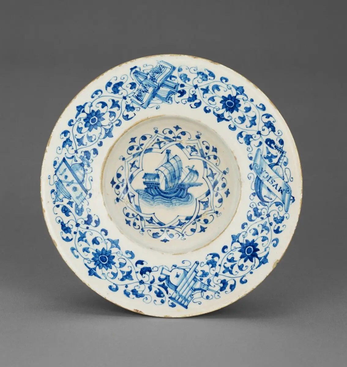 Blue and White Dish with a Merchant Ship by Unknown