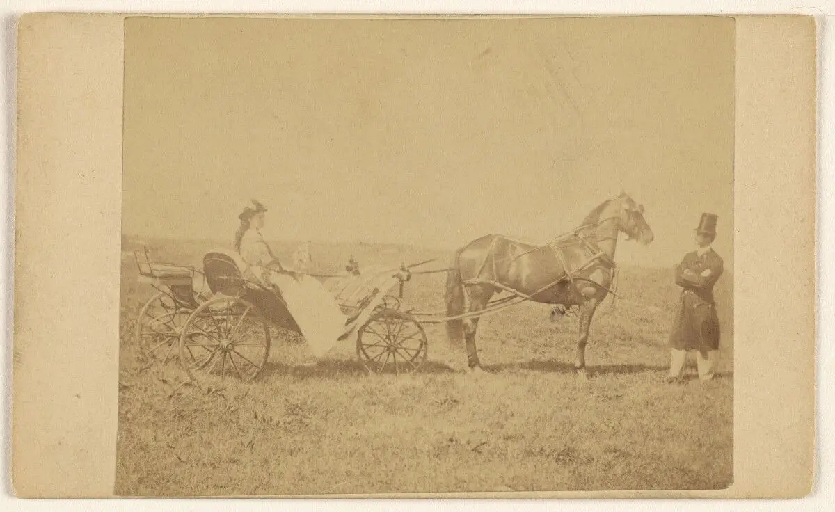 [Unidentified woman seated in a horse-drawn carriage, unidentified man in top hat, standing] by George P. Critcherson